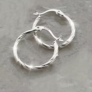 Silver Twist Hoop Earrings Thin Classic Basic Fshn Dangle Swirl Rope Secure Back